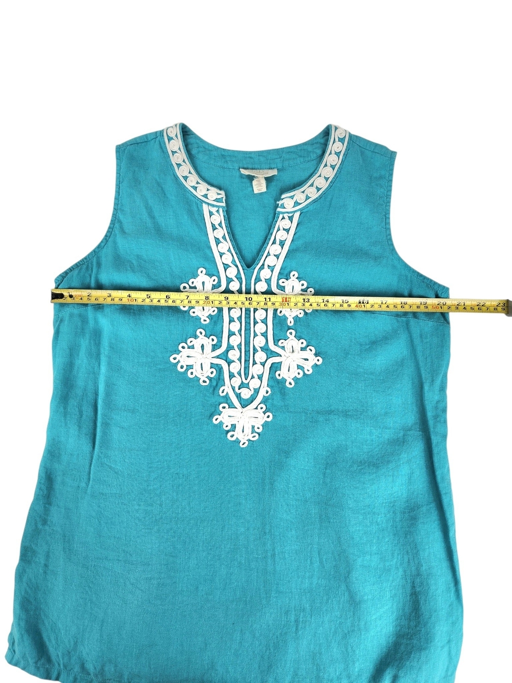 Charter Club Luxury 100% Linen Embroidered Sleeveless Tunic Top Teal Coastal Med - Picture 11 of 12